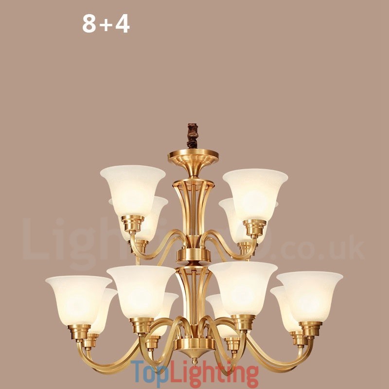 Pure Brass Large Luxurious Rustic Retro Vintage Solid Brass Pendant Chandelier with Glass Shades