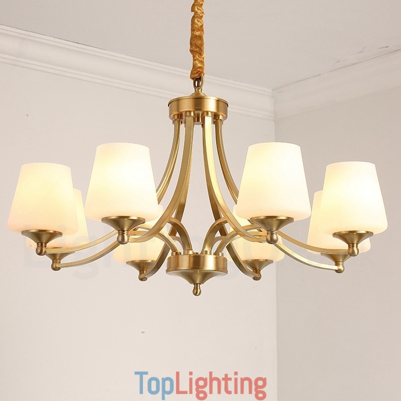 Pure Brass Large Luxurious Rustic Retro Vintage Brass Pendant Chandelier with Glass Shades