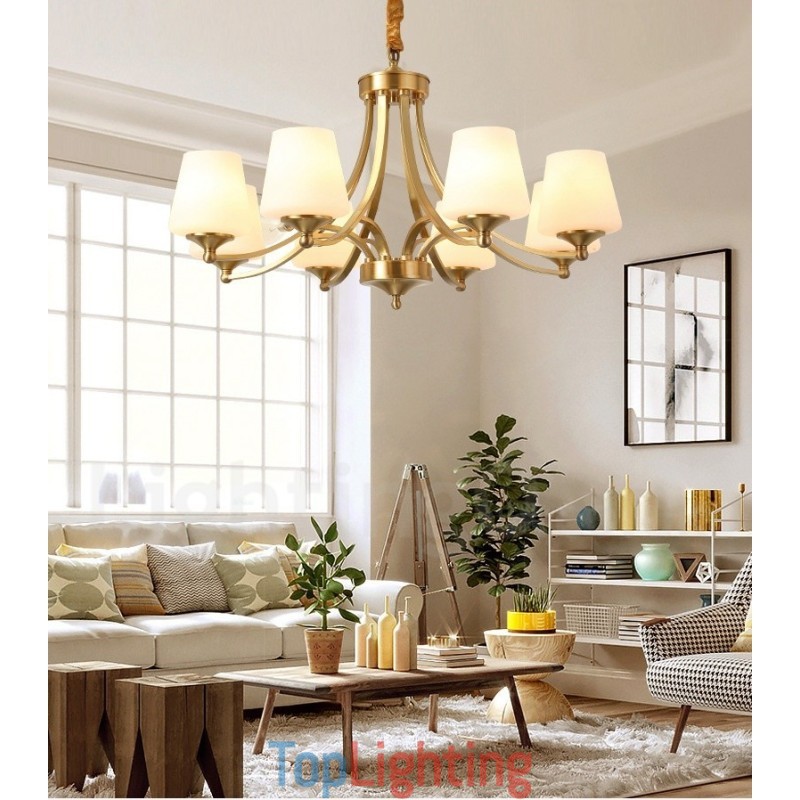 Pure Brass Large Luxurious Rustic Retro Vintage Brass Pendant Chandelier with Glass Shades