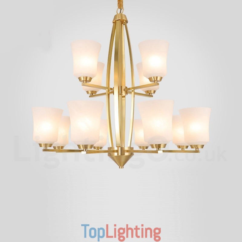 12 Light Pure Brass Large Luxurious Rustic Retro Vintage Brass Pendant Chandelier with Glass Shades
