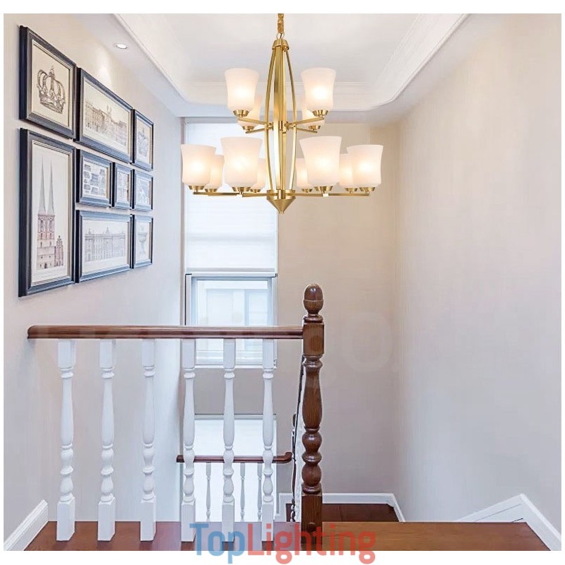 12 Light Pure Brass Large Luxurious Rustic Retro Vintage Brass Pendant Chandelier with Glass Shades