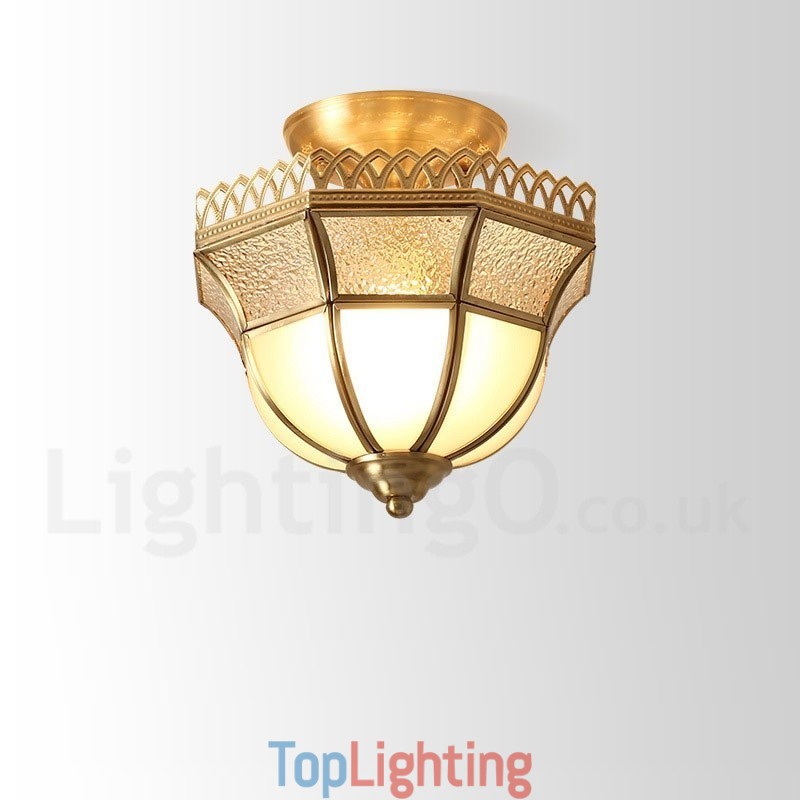Pure Brass Rustic Lodge Nordic Style Flush Mount Ceiling Light with Glass Shade