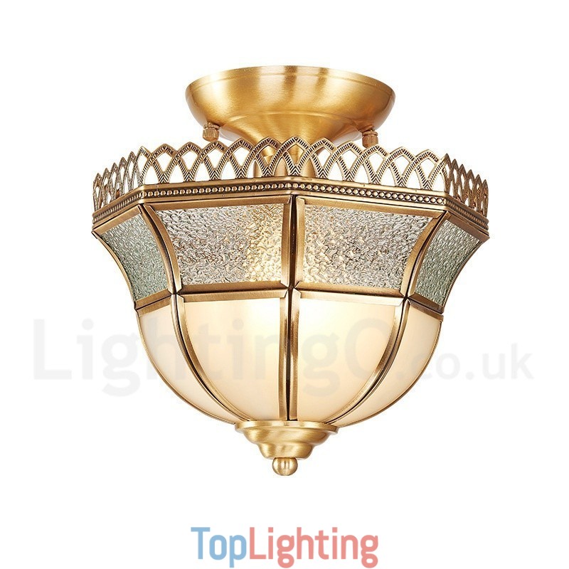 Pure Brass Rustic Lodge Nordic Style Flush Mount Ceiling Light with Glass Shade