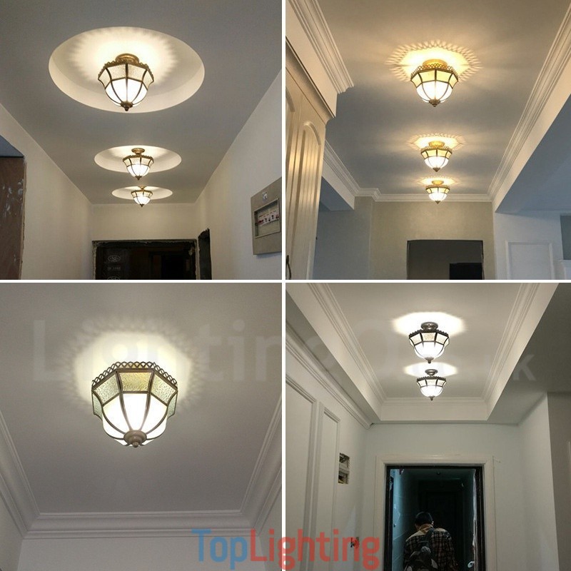Pure Brass Rustic Lodge Nordic Style Flush Mount Ceiling Light with Glass Shade