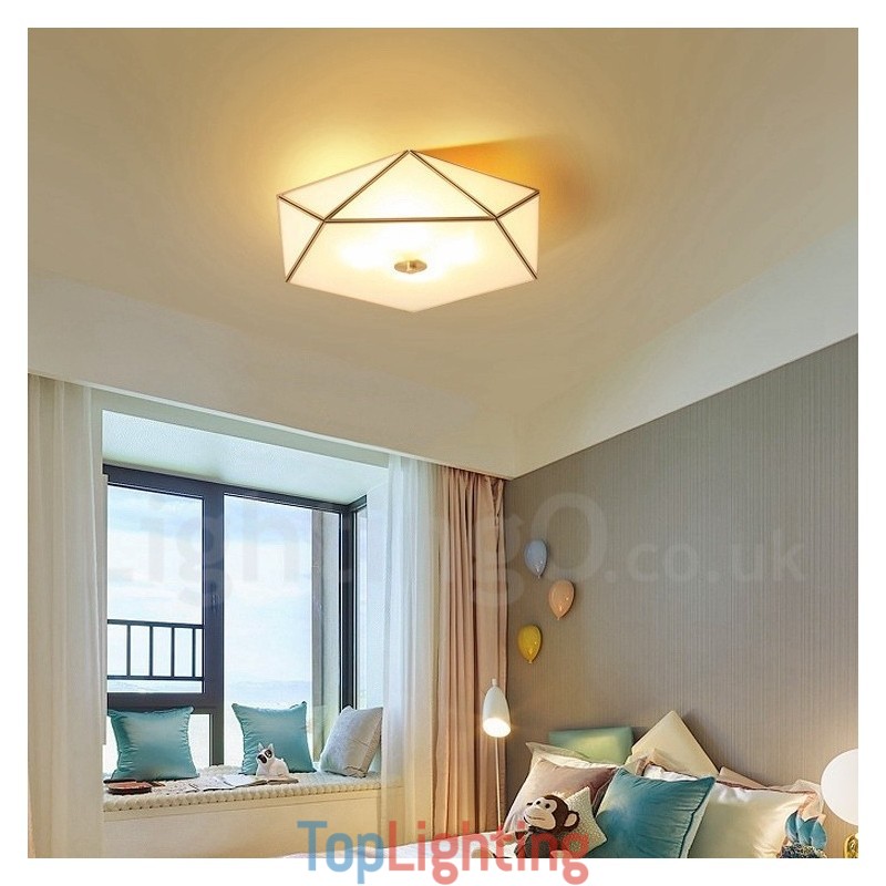 Pure Brass Rustic Lodge Nordic Style Flush Mount Ceiling Light with Glass Shade