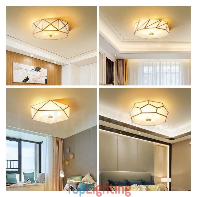 Pure Brass Rustic Lodge Nordic Style Flush Mount Ceiling Light with Glass Shade