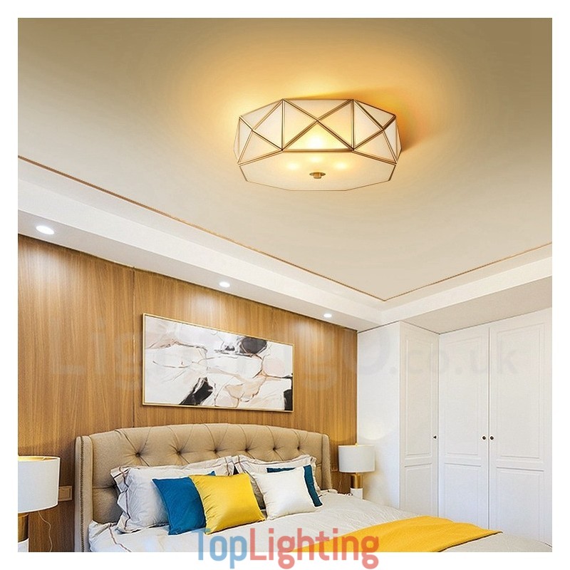 Pure Brass Rustic Lodge Nordic Style Flush Mount Ceiling Light with Glass Shade