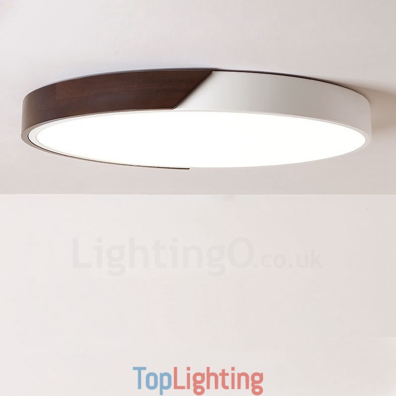 Retro Walnut Colour Wood Ultra Thin Round Dimmable Flush Mount Ceiling Lights with Acrylic Shade Also Can Be Used As Wall Light