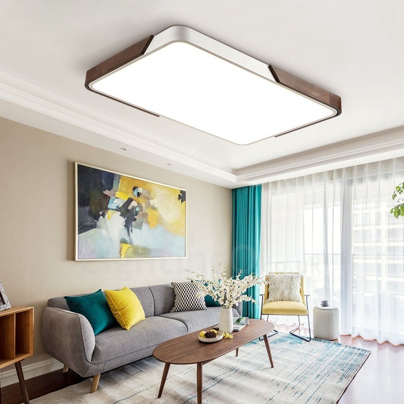 Retro Walnut Colour Wood Ultra Thin Rectangle Dimmable Flush Mount Ceiling Lights with Acrylic Shade Also Can Be Used As Wall Light