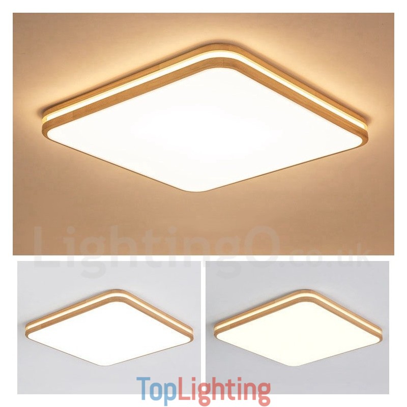 Square Wooden with Lens Modern Contemporary Nordic Style Flush Mount Wood Ceiling Light with Acrylic Shade and Remote Control Also Can Be Used As Wall Light