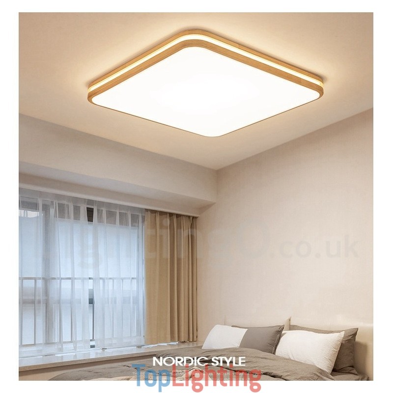 Square Wooden with Lens Modern Contemporary Nordic Style Flush Mount Wood Ceiling Light with Acrylic Shade and Remote Control Also Can Be Used As Wall Light