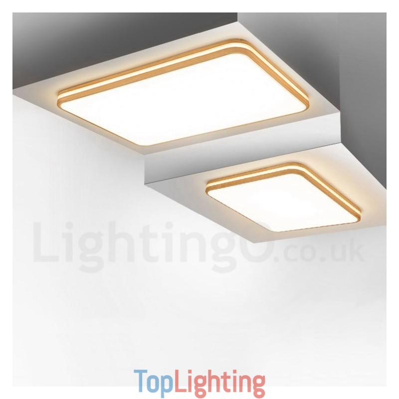 Square Wooden with Lens Modern Contemporary Nordic Style Flush Mount Wood Ceiling Light with Acrylic Shade and Remote Control Also Can Be Used As Wall Light