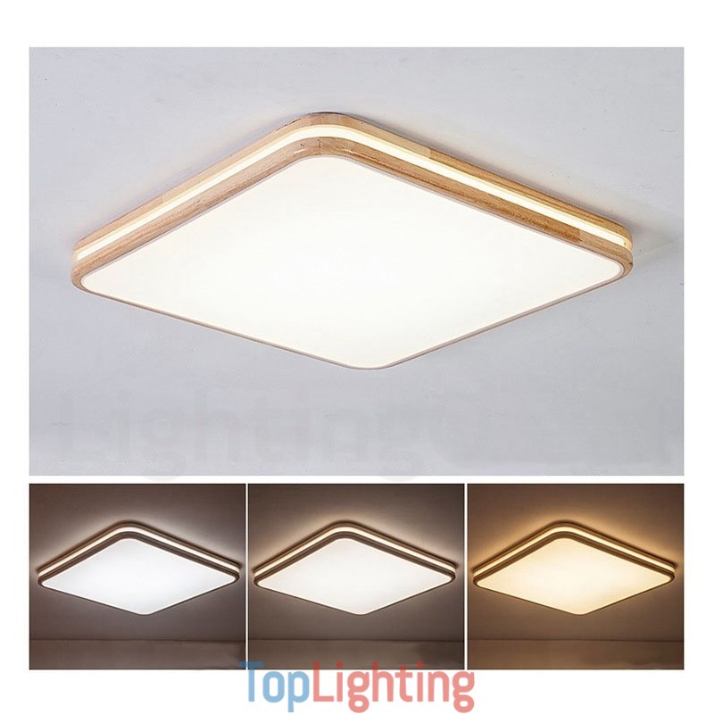 Square Wooden with Lens Modern Contemporary Nordic Style Flush Mount Wood Ceiling Light with Acrylic Shade and Remote Control Also Can Be Used As Wall Light