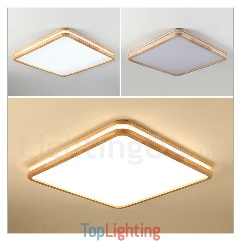 Square Wooden with Lens Modern Contemporary Nordic Style Flush Mount Wood Ceiling Light with Acrylic Shade and Remote Control Also Can Be Used As Wall Light