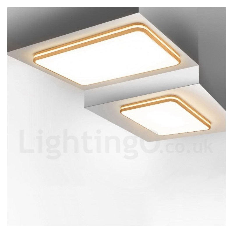 Dimmable Rectangle Wooden with Lens Modern Contemporary Nordic Style Flush Mount Wood Ceiling Light with Acrylic Shade and Remote Control Also Can Be Used As Wall Light