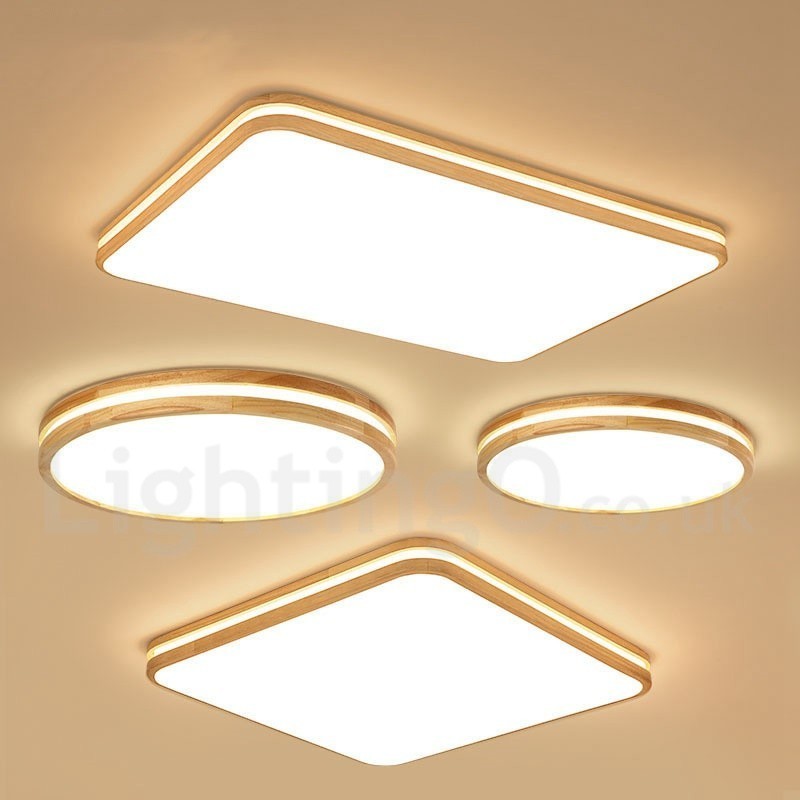 Dimmable Rectangle Wooden with Lens Modern Contemporary Nordic Style Flush Mount Wood Ceiling Light with Acrylic Shade and Remote Control Also Can Be Used As Wall Light