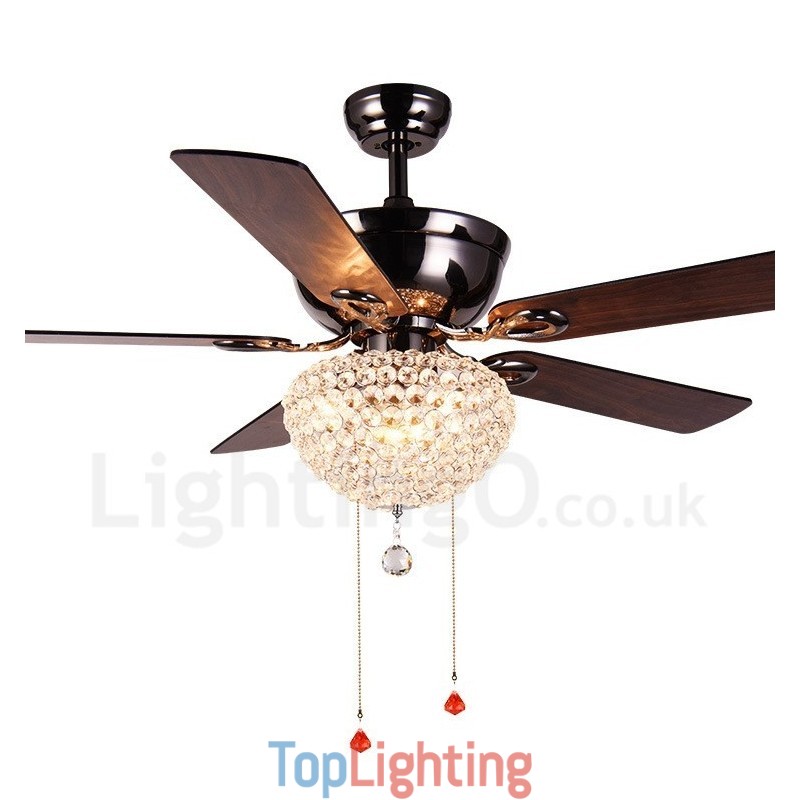 132CM (52") American Style Wood Retro Remote Control Ceiling Fan Light with Crystal Shade Mute Pure Copper Motor
