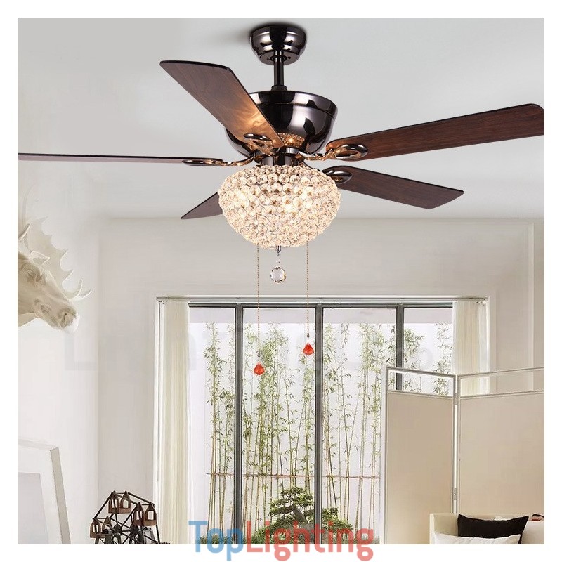 132CM (52") American Style Wood Retro Remote Control Ceiling Fan Light with Crystal Shade Mute Pure Copper Motor