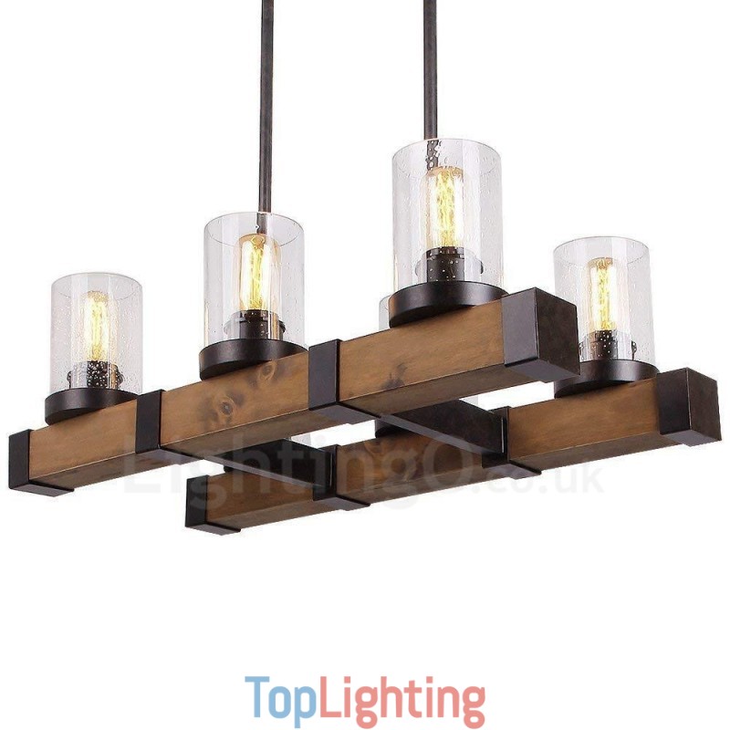6 Light Vintage Wooden Chandelier Industrial Wind Loft Wood Linear Pendant Lighting
