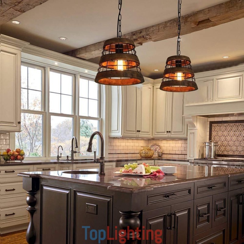 1 Light Ring Vintage Wooden Chandelier Industrial Wind Loft Wood Linear Pendant Lighting