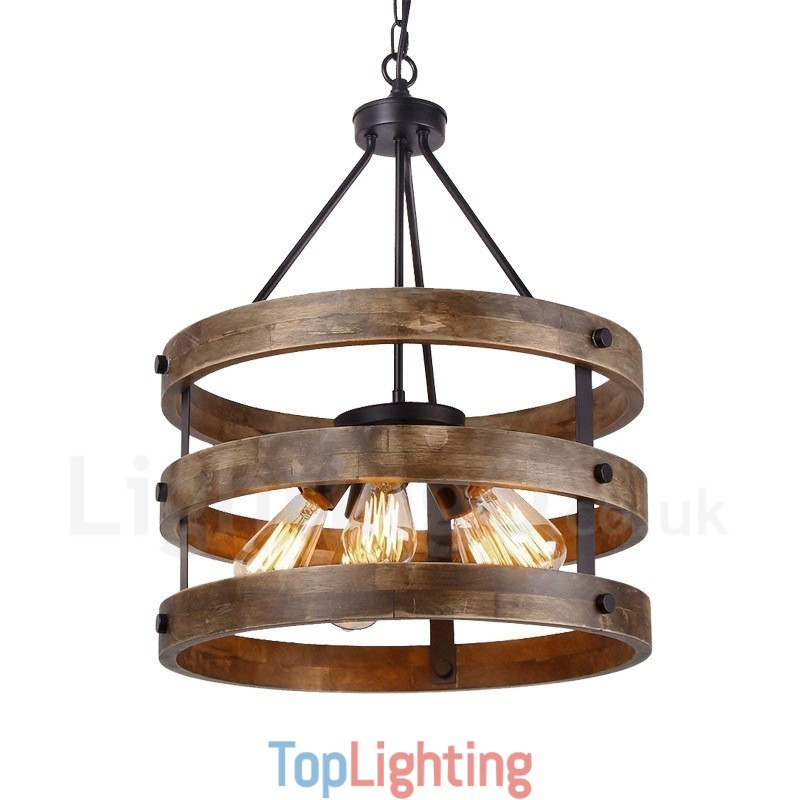 5 Light Drum Vintage Wooden Chandelier Industrial Wind Loft Wood Linear Pendant Lighting