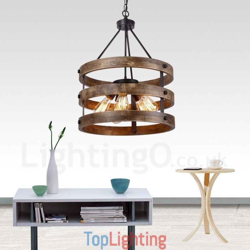5 Light Drum Vintage Wooden Chandelier Industrial Wind Loft Wood Linear Pendant Lighting
