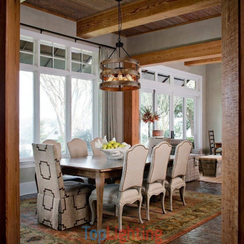 5 Light Drum Vintage Wooden Chandelier Industrial Wind Loft Wood Linear Pendant Lighting