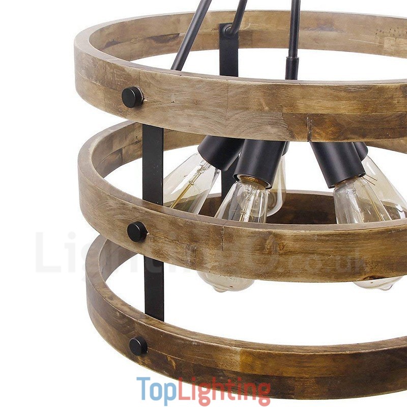 5 Light Drum Vintage Wooden Chandelier Industrial Wind Loft Wood Linear Pendant Lighting