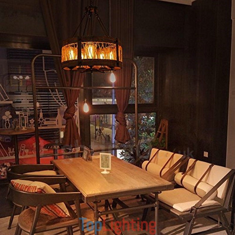 5 Light Drum Vintage Wooden Chandelier Industrial Wind Loft Wood Linear Pendant Lighting