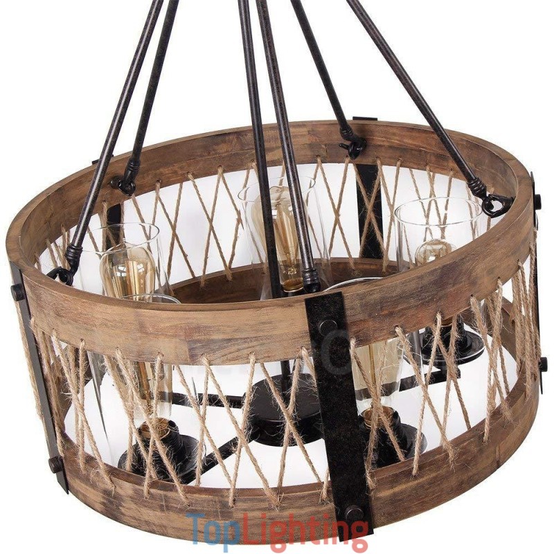 5 Light Drum Vintage Wooden Chandelier Industrial Wind Loft Wood Linear Pendant Lighting