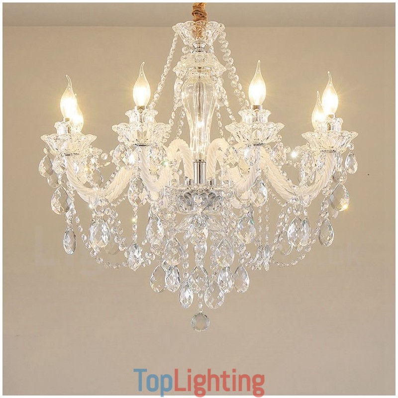 8 Light Clear Crystal Candle White Arm Chandelier