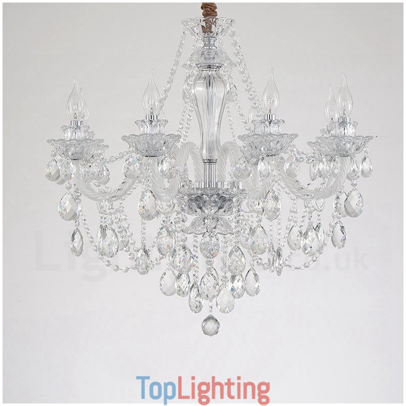 8 Light Clear Crystal Candle White Arm Chandelier