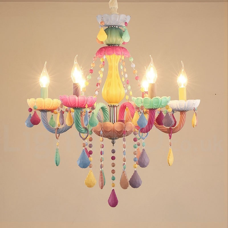 Macaron 6 Light Chandelier with Multi Colours Crystal Candle Mini Style for Kid's Children