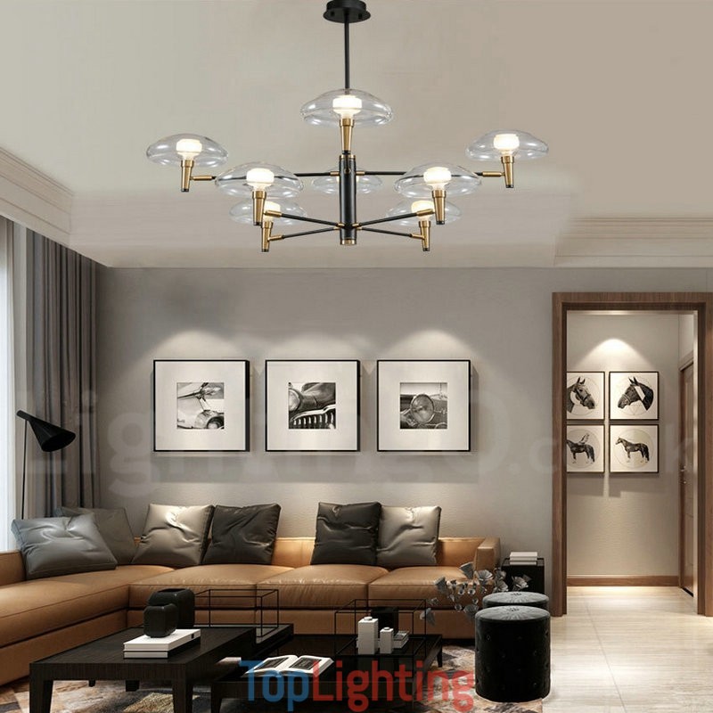 8 Light Uplight Electroplated Painted Finish Chandelier with Glass Shades