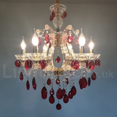 6 Light Gold Candle Chandelier with Red Crystal 6 Light Gold Candle Chandelier with Red Crystal
