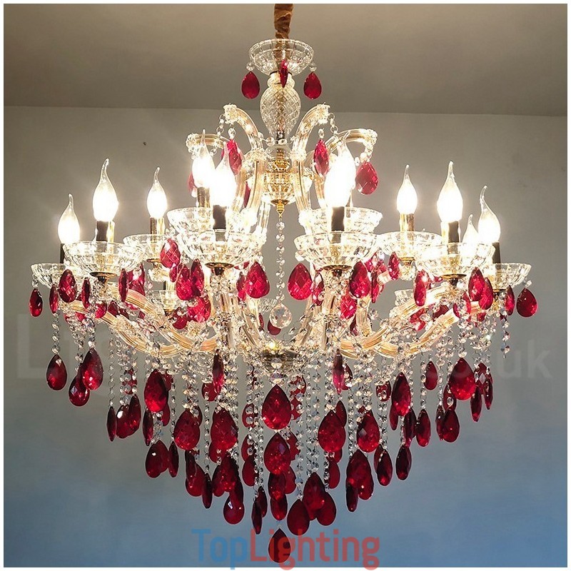 18 (12+6) Light Luxurious Red Crystal Candle Gold Chandelier