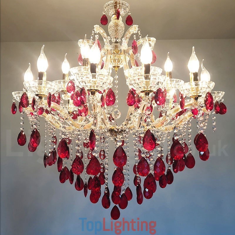 18 (12+6) Light Luxurious Red Crystal Candle Gold Chandelier