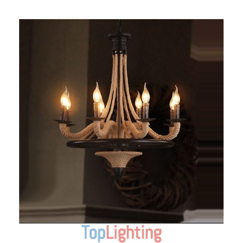 8 Light Candle Industrial Style Hemp Rope Pendant Chandelier Light