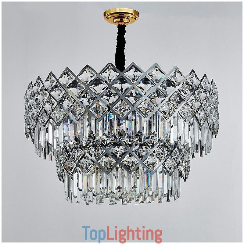 Two Tiers Luxury Postmodern Black and Gold Round K9 Crystal Pendant Chandelier