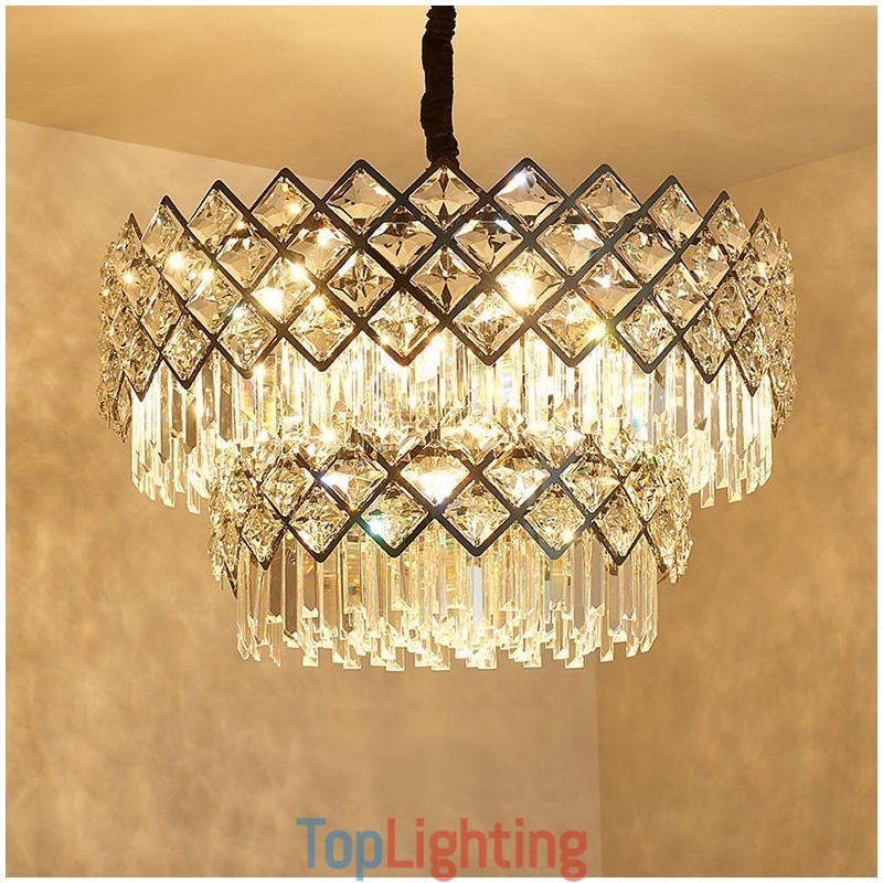 Two Tiers Luxury Postmodern Black and Gold Round K9 Crystal Pendant Chandelier