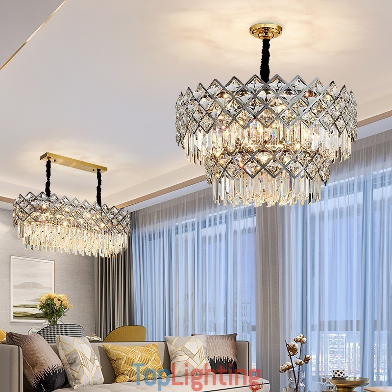 Two Tiers Luxury Postmodern Black and Gold Round K9 Crystal Pendant Chandelier
