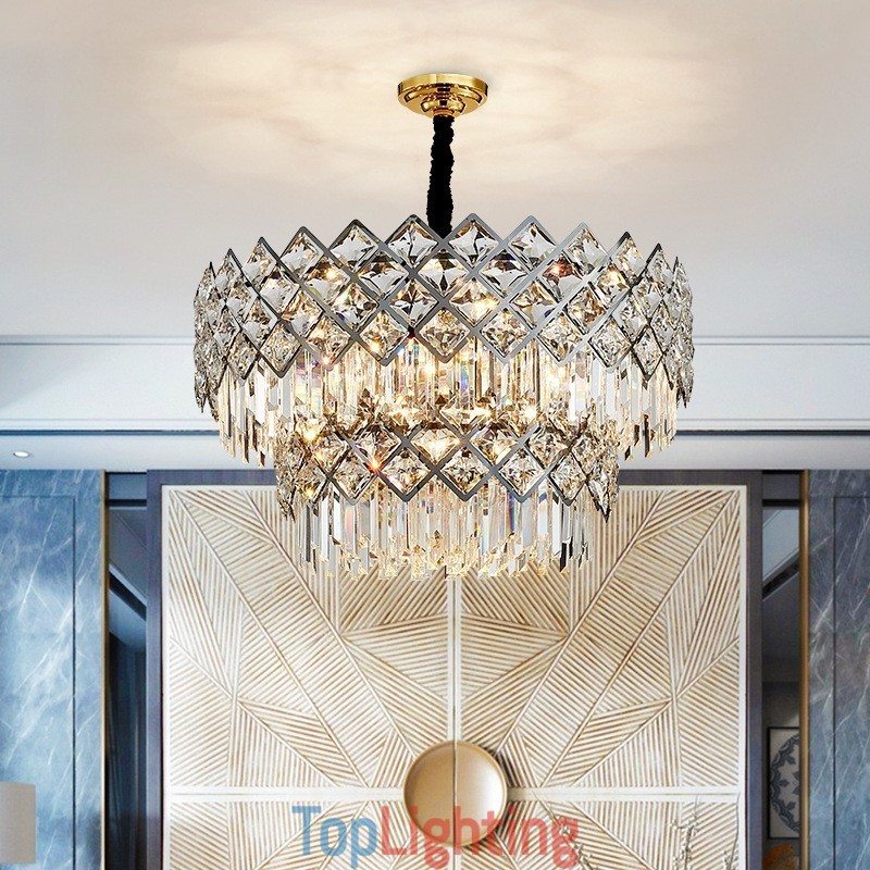 Two Tiers Luxury Postmodern Black and Gold Round K9 Crystal Pendant Chandelier