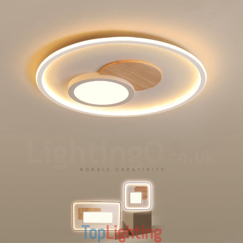 Wood Dimmable Modern Contemporary Nordic Style Flush Mount Round Ceiling Lights with Remote Control Also Can Be Used As Wall Light