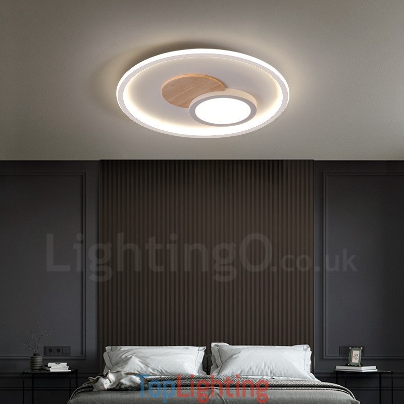 Wood Dimmable Modern Contemporary Nordic Style Flush Mount Round Ceiling Lights with Remote Control Also Can Be Used As Wall Light
