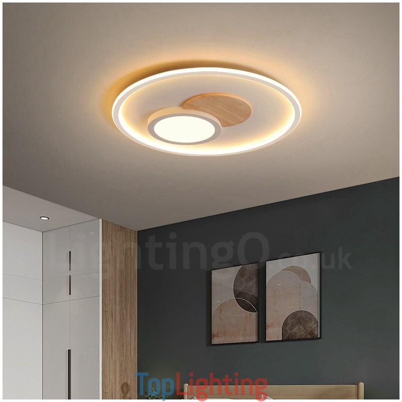 Wood Dimmable Modern Contemporary Nordic Style Flush Mount Round Ceiling Lights with Remote Control Also Can Be Used As Wall Light