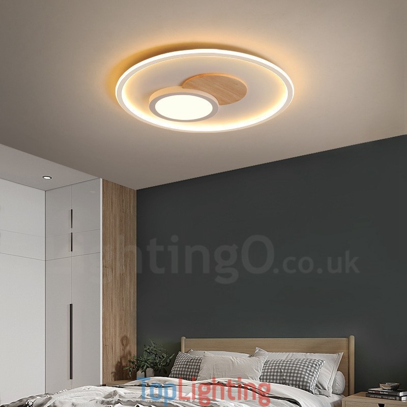 Wood Dimmable Modern Contemporary Nordic Style Flush Mount Round Ceiling Lights with Remote Control Also Can Be Used As Wall Light