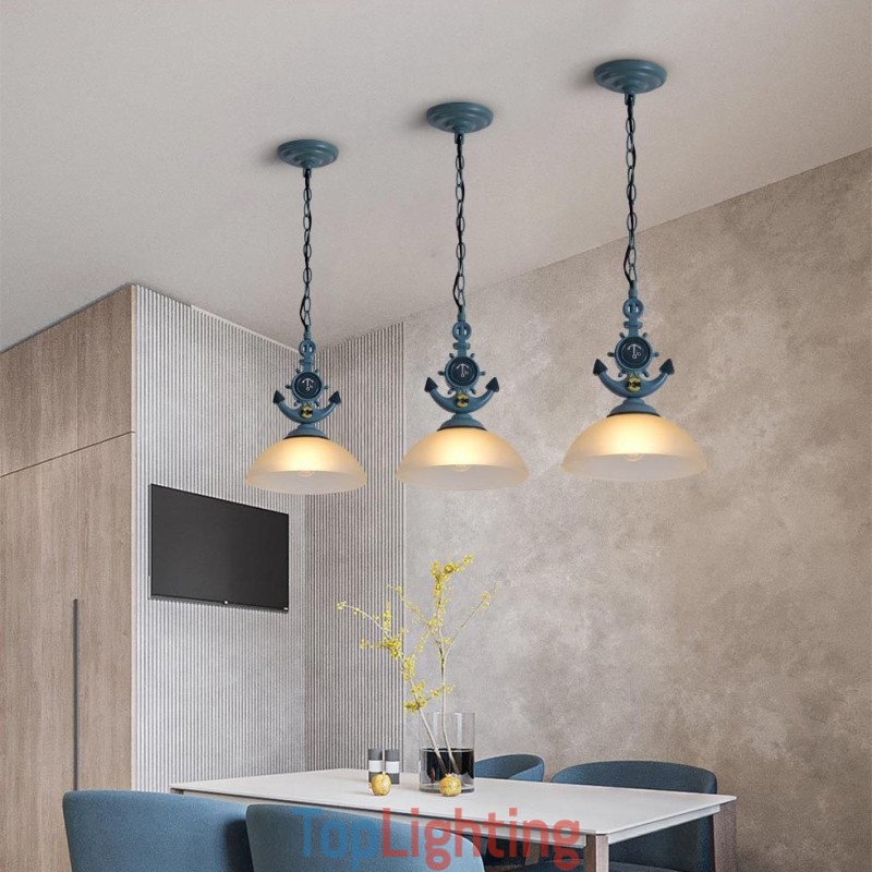 One Light Blue Rustic Artistic Retro Antique Pendant Light with Glass Shade