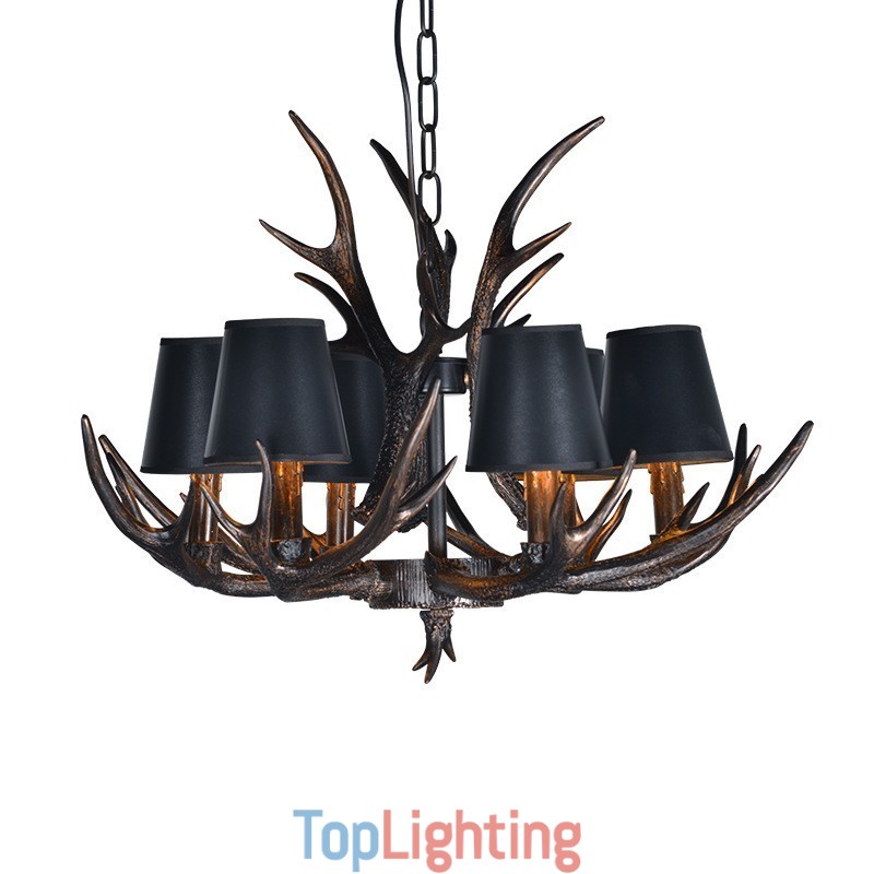 6 Light Black Rustic Artistic Retro Antler Antique Chandelier with Shades