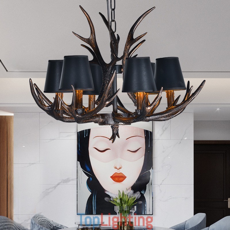 6 Light Black Rustic Artistic Retro Antler Antique Chandelier with Shades