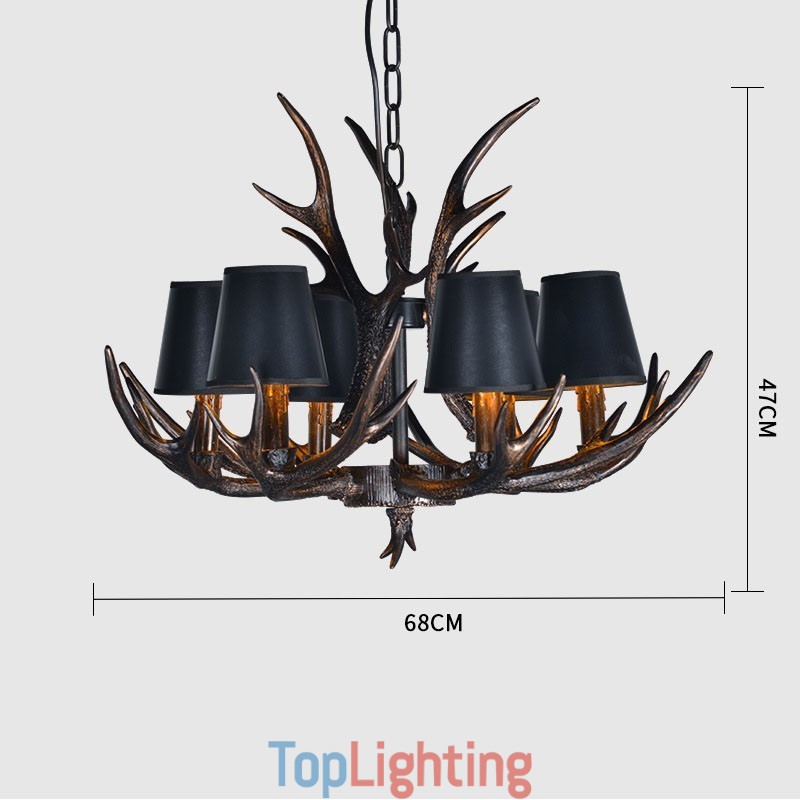 6 Light Black Rustic Artistic Retro Antler Antique Chandelier with Shades